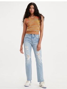 Classic Levi's 501 Vintage Light Wash Distressed Straight Leg Jeans